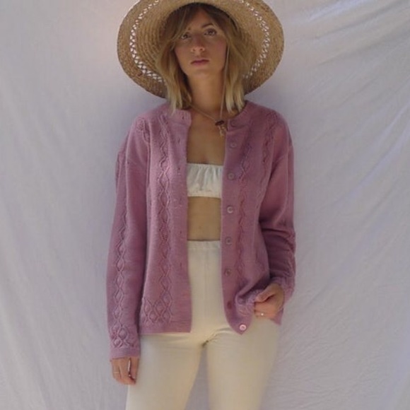 Vintage Sweaters - Vintage Mauve Pointelle Knit